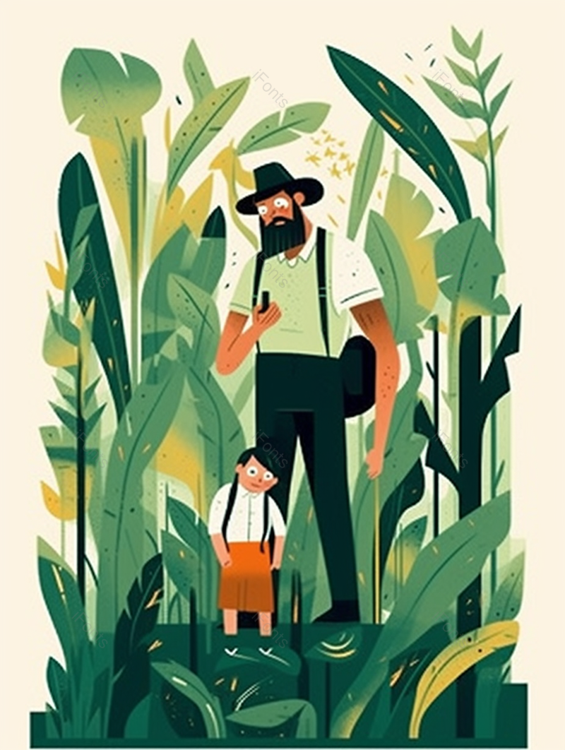 父亲节卡通插画父亲和孩子植物的场景,插画/手绘图,插画/手绘图库,插画/手绘图下载,插画/手绘